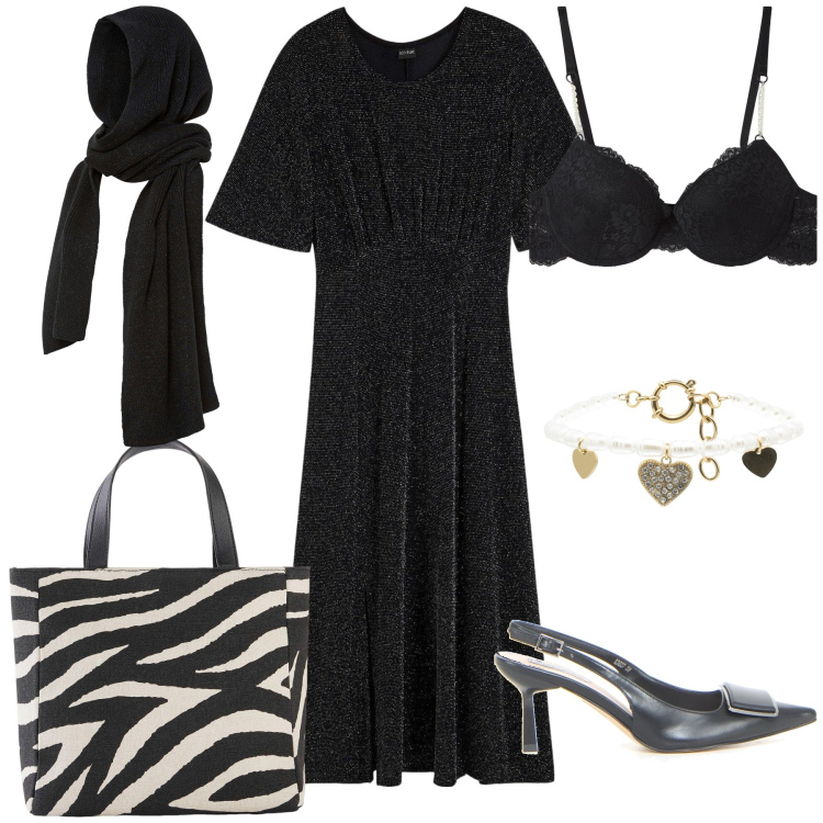 Outfit donna - Domenica. Stile Urban per Tutti i giorni. Abbinamento con sciarpe, borse a mano, vestiti, reggiseni a balconcino, braccialetti, décolleté.