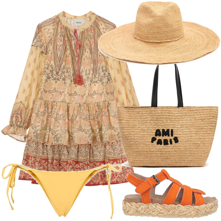 Outfit donna - Sul lungomare al tramonto. Stile Glamour per Mare. Abbinamento con espadrillas, vestiti corti, cappelli, borse tote, bikini.