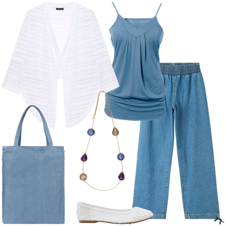 Outfit donna - Jeans easy. Stile Casual per Tutti i giorni. Abbinamento con top, ballerine, jeans, borse tote, bolero, collane.