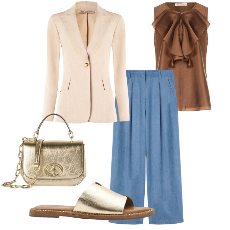 Outfit donna - Dettagli dorati. Stile Casual chic per Tutti i giorni. Abbinamento con ciabatte, bluse, blazer, pantaloni a palazzo, borse a tracolla.