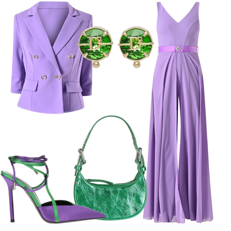 Outfit donna - Jumpsuit per la cerimonia. Stile Glamour per Cerimonia. Abbinamento con décolleté, borse a mano, orecchini, tute, blazer.