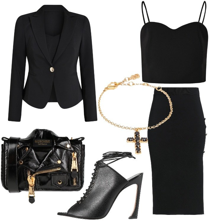 Outfit donna - Party rock!. Stile Rock per Serata fuori. Abbinamento con sandali col tacco, gonne longuette, borse a tracolla, blazer, top, braccialetti.