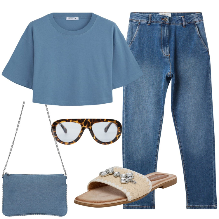 Outfit donna - L\'accessorio immancabile. Stile Casual chic per Mare. Abbinamento con jeans skinny, ciabatte, borse a tracolla, t-shirt, occhiali da sole.