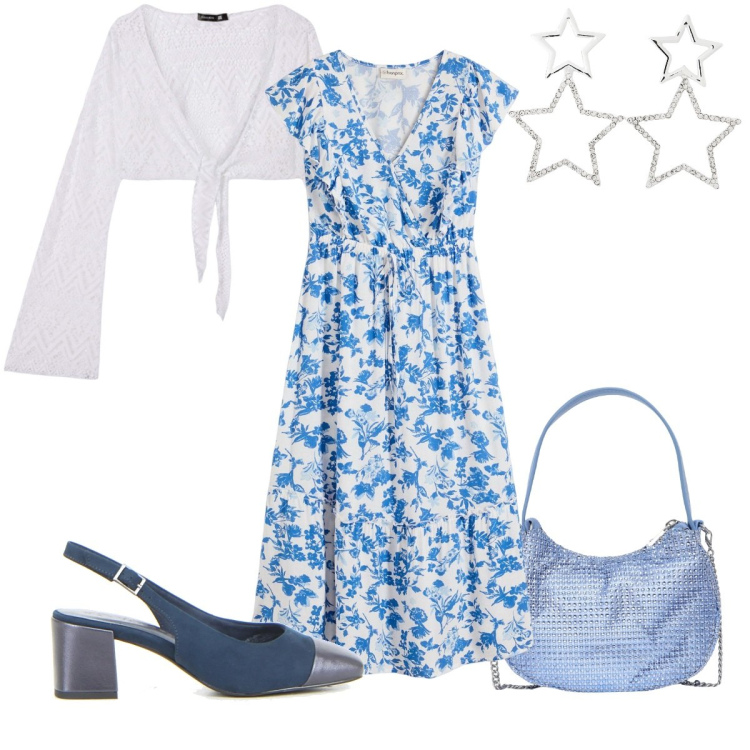 Outfit donna - Total look #2165706. Stile Romantica per Cerimonia. Abbinamento con vestiti midi/longuette, orecchini, borse a spalla, bolero, décolleté.