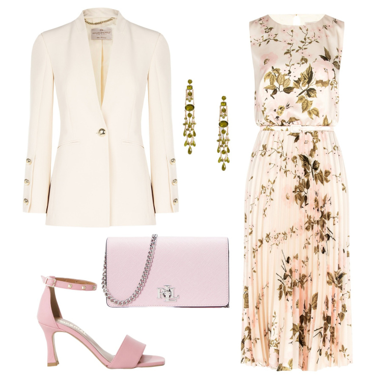 Outfit donna - Cerimonia con allure romantica. Stile Romantica per Cerimonia. Abbinamento con sandali col tacco, vestiti midi/longuette, blazer, borse a tracolla, orecchini.