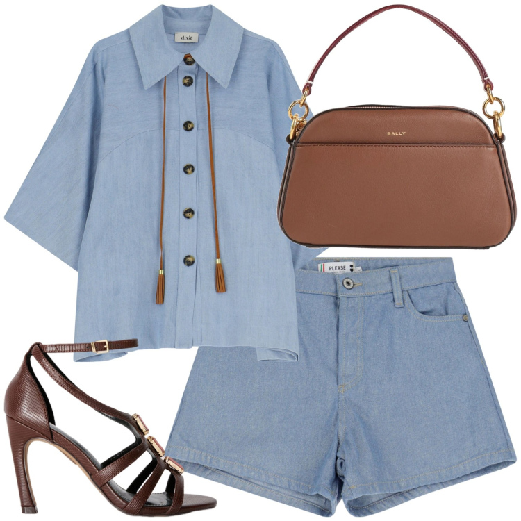 Outfit donna - Aperitivo in jeans. Stile Chic per Serata fuori. Abbinamento con borse a mano, shorts, camicie, sandali gioiello.