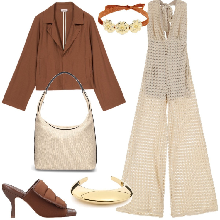 Outfit donna - In tuta. Stile Casual chic per Tutti i giorni. Abbinamento con sandali in pelle, tute, blazer, collane, borse a spalla, braccialetti.
