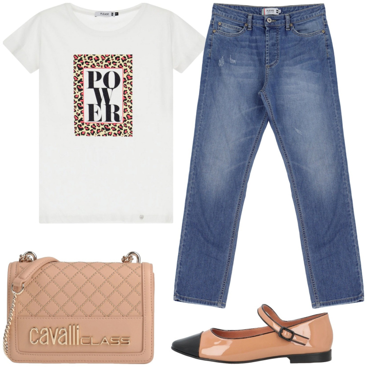 Outfit donna - Power!. Stile Casual chic per Tutti i giorni. Abbinamento con borse a tracolla, ballerine, t-shirt, jeans dritti.