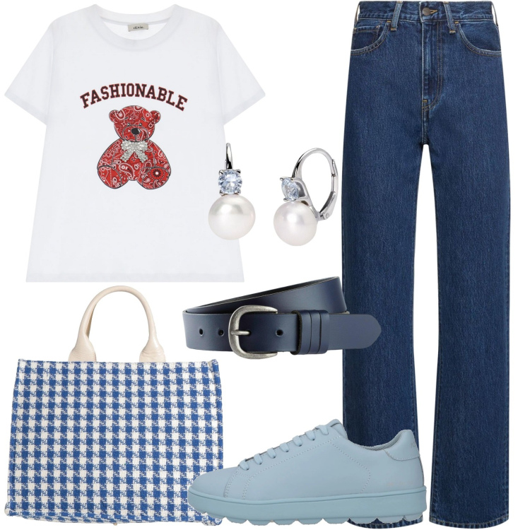 Outfit donna - T-shirt mania. Stile Casual per Tutti i giorni. Abbinamento con cinture, borse a mano, sneakers, orecchini, t-shirt, jeans dritti.