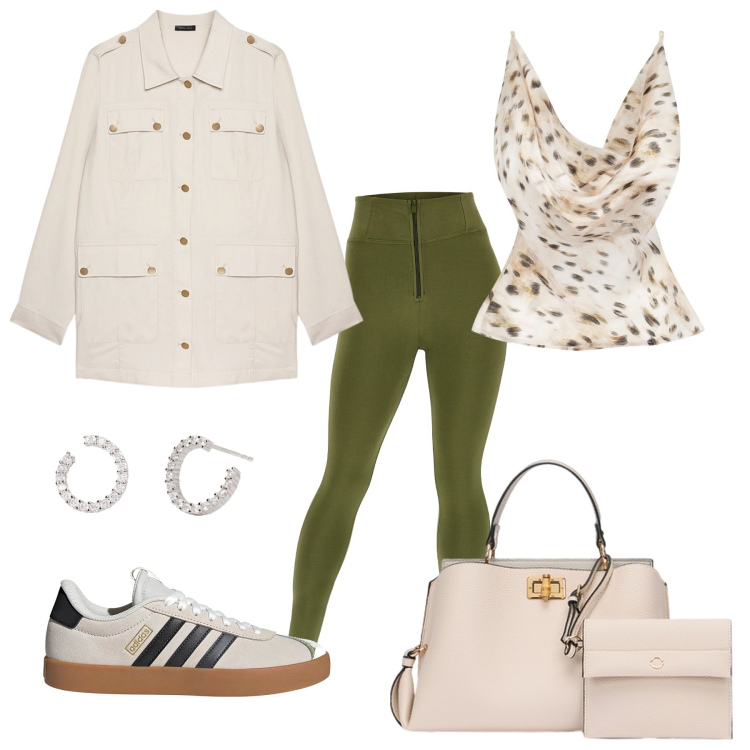 Outfit donna - Skinny e viscosa. Stile Sporty chic per Tutti i giorni. Abbinamento con orecchini, top, pantaloni skinny, blazer, sneakers, borse a mano.