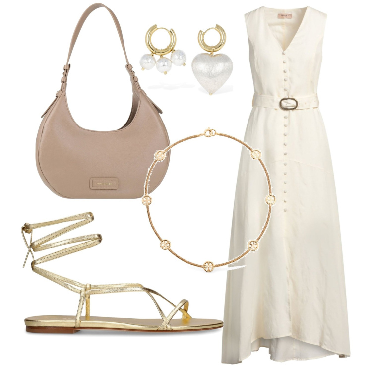 Outfit donna - Total look #2165727. Stile Glamour per Tutti i giorni. Abbinamento con vestiti lunghi, borse a spalla, orecchini, sandali in pelle, collane.