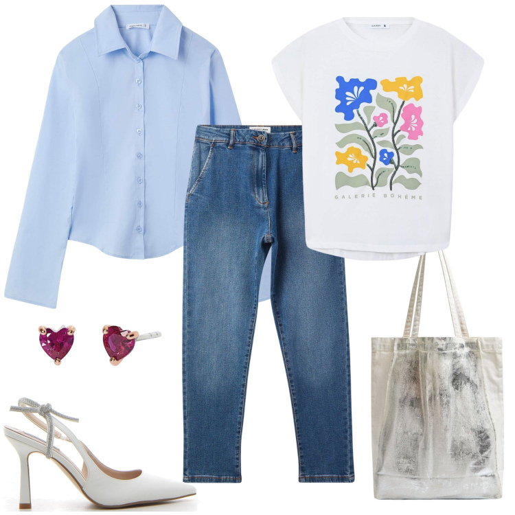 Outfit donna - Jeans skinny in blu. Stile Casual per Tutti i giorni. Abbinamento con t-shirt, jeans skinny, shopping bag, camicie, orecchini, décolleté.