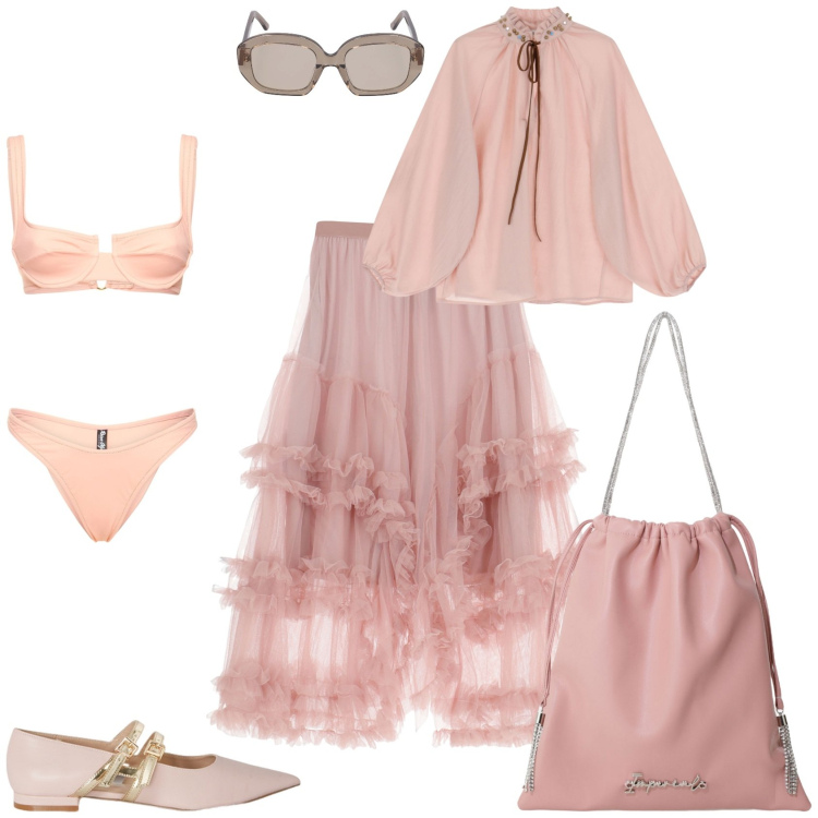 Outfit donna - Romantica al mare. Stile Romantica per Mare. Abbinamento con borse a secchiello, gonne lunghe, bluse, occhiali da sole, ballerine, bikini.