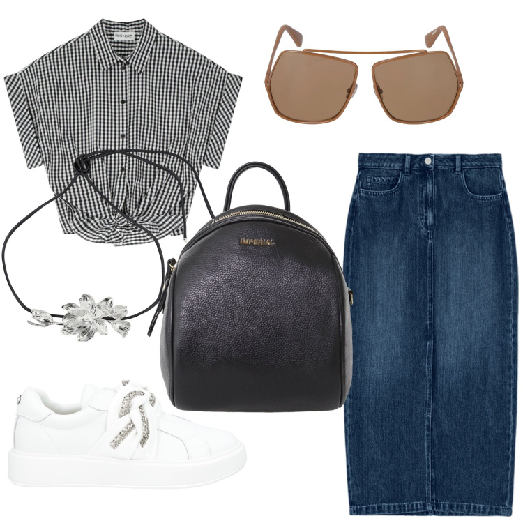 Outfit donna - Total look #2165750. Stile Basic per Tutti i giorni. Abbinamento con sneakers, zaini, collane, camicie, gonne longuette, occhiali da sole.