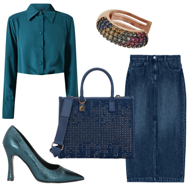 Outfit donna - Total look #2165761. Stile Casual chic Abbinamento con décolleté, camicie, gonne longuette, orecchini, borse a mano.