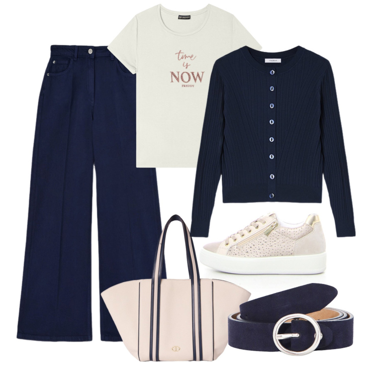 Outfit donna - Giornata basica panna/blu. Stile Urban per Tutti i giorni. Abbinamento con t-shirt, cinture, cardigans, pantaloni, sneakers, shopping bag.