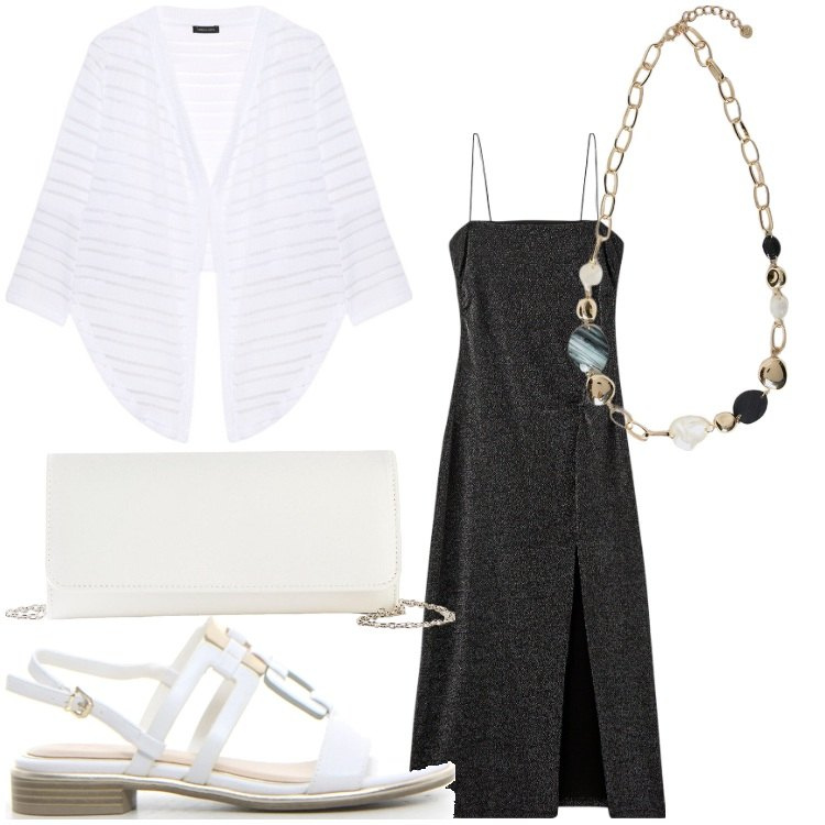 Outfit donna - Cerimonia estiva. Stile Casual chic per Cerimonia. Abbinamento con pochette, vestiti lunghi, bolero, collane, sandali.
