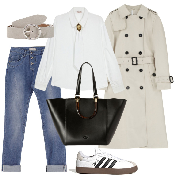 Outfit donna - Ufficio in sneakers. Stile Mannish per Ufficio. Abbinamento con trench, jeans slim fit, cinture, sneakers, camicie, shopping bag.