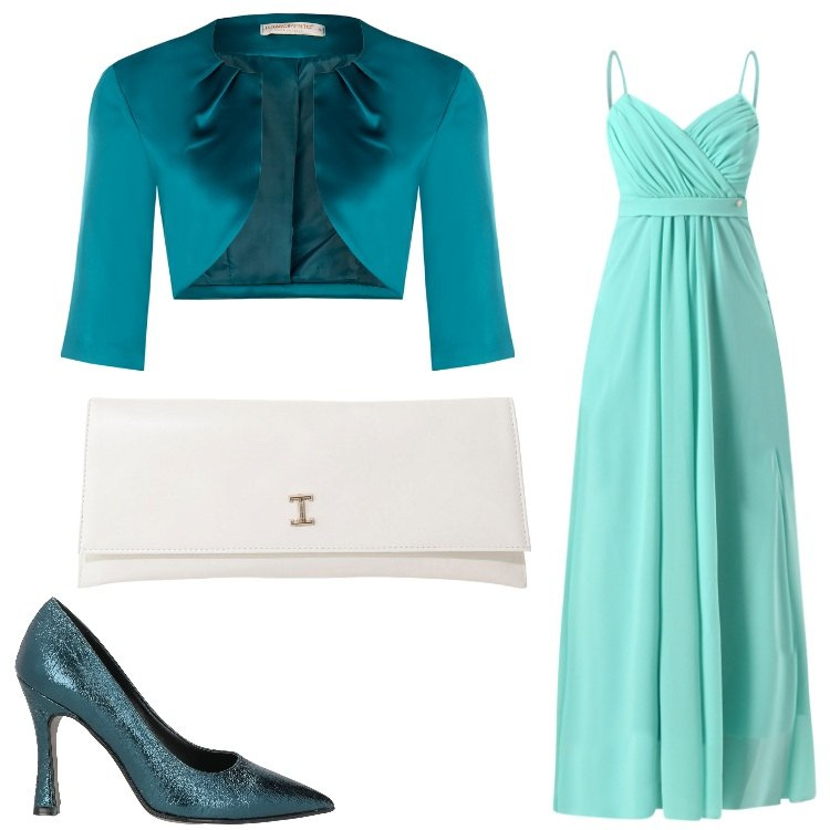 Outfit donna - Cerimonia in verde. Stile Chic per Cerimonia. Abbinamento con décolleté, pochette, bolero, vestiti lunghi.