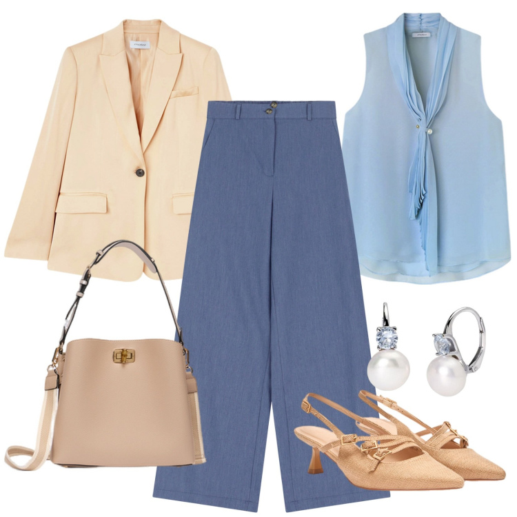 Outfit donna - Abbinando l\'azzurro cielo. Stile Chic per Cerimonia. Abbinamento con pantaloni, orecchini, décolleté, bluse, borse a secchiello, blazer.