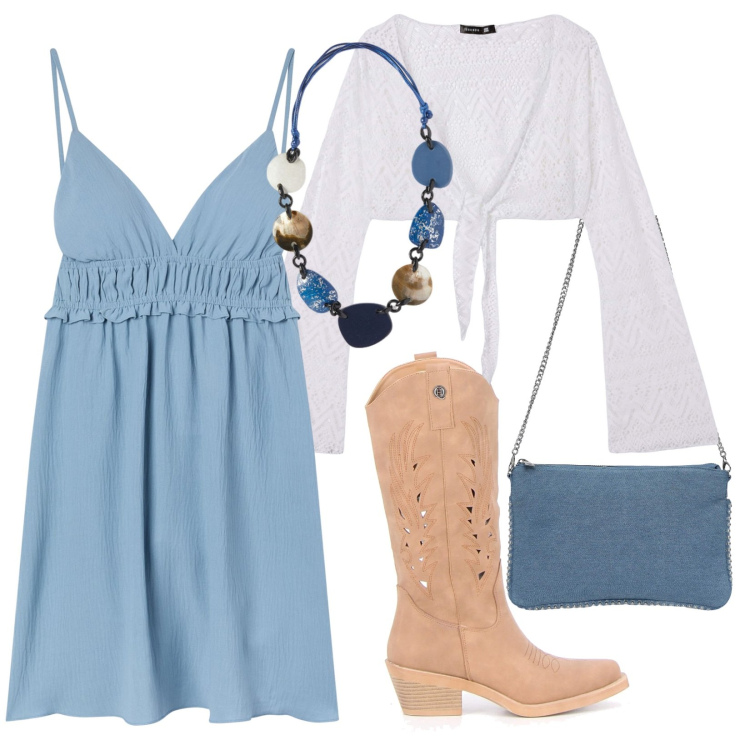 Outfit donna - Summer mini dress. Stile Boho per Tutti i giorni. Abbinamento con borse a tracolla, vestiti corti, bolero, stivali, collane.