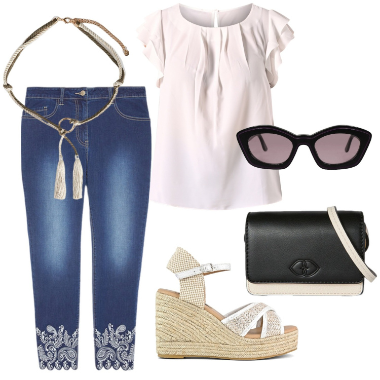 Outfit donna - Pranzo in campagna. Stile Boho per Tutti i giorni. Abbinamento con occhiali da sole, bluse, jeans skinny, zeppe, portafogli, cinture.