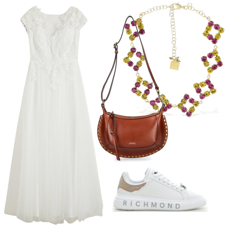 Outfit donna - Un vestito bianco. Stile Sporty chic per Serata fuori. Abbinamento con vestiti, sneakers, collane, borse a spalla.