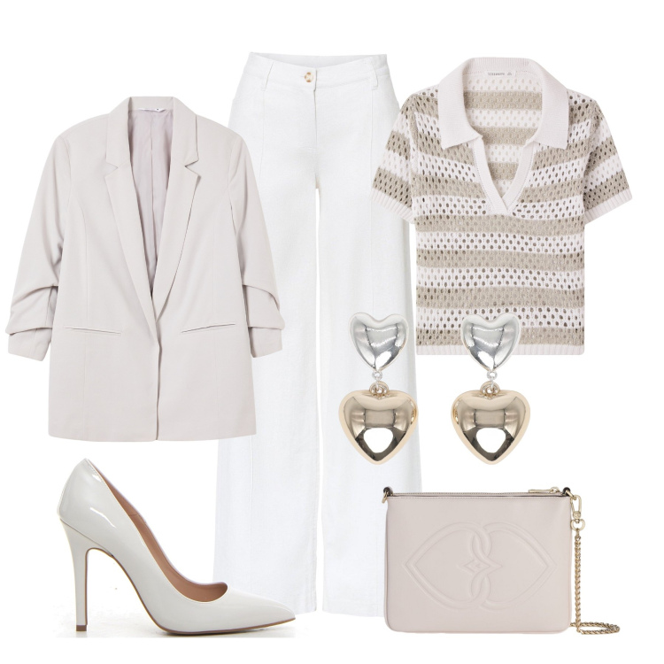 Outfit donna - Greige, bianco e ghiaccio. Stile Casual chic per Serata fuori. Abbinamento con pantaloni a palazzo, t-shirt, orecchini, blazer, décolleté, pochette.