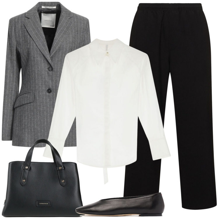 Outfit donna - Riunione di lavoro. Stile Casual chic per Ufficio. Abbinamento con blazer, borse a mano, camicie, ballerine, pantaloni chino.