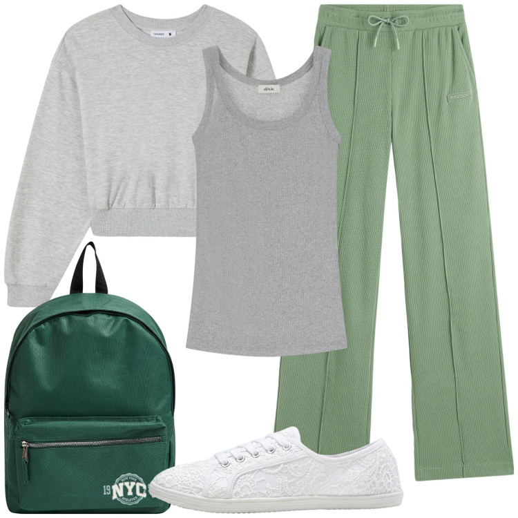 Outfit donna - In gita con la scuola. Stile Basic per Scuola/Università. Abbinamento con sneakers, felpe, zaini, pantaloni, canottiere.