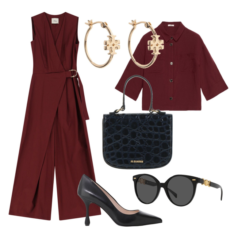 Outfit donna - Fresca jumpsuite al lavoro. Stile Glamour per Ufficio. Abbinamento con borse a mano, occhiali da sole, décolleté, tute, orecchini, blazer.