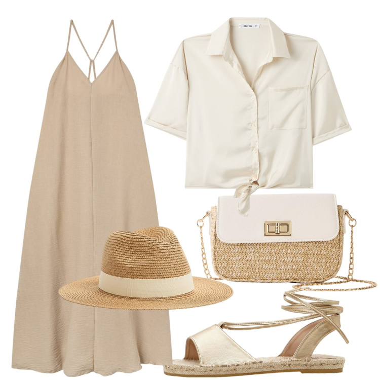 Outfit donna - Pranzo al mare. Stile Boho per Mare. Abbinamento con sandali, shopping bag, cappelli, camicie a manica corta, vestiti lunghi.