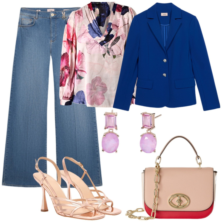 Outfit donna - Curvy casual chic. Stile Casual chic per Tutti i giorni. Abbinamento con orecchini, bluse, jeans, blazer, sandali col tacco, borse a tracolla.