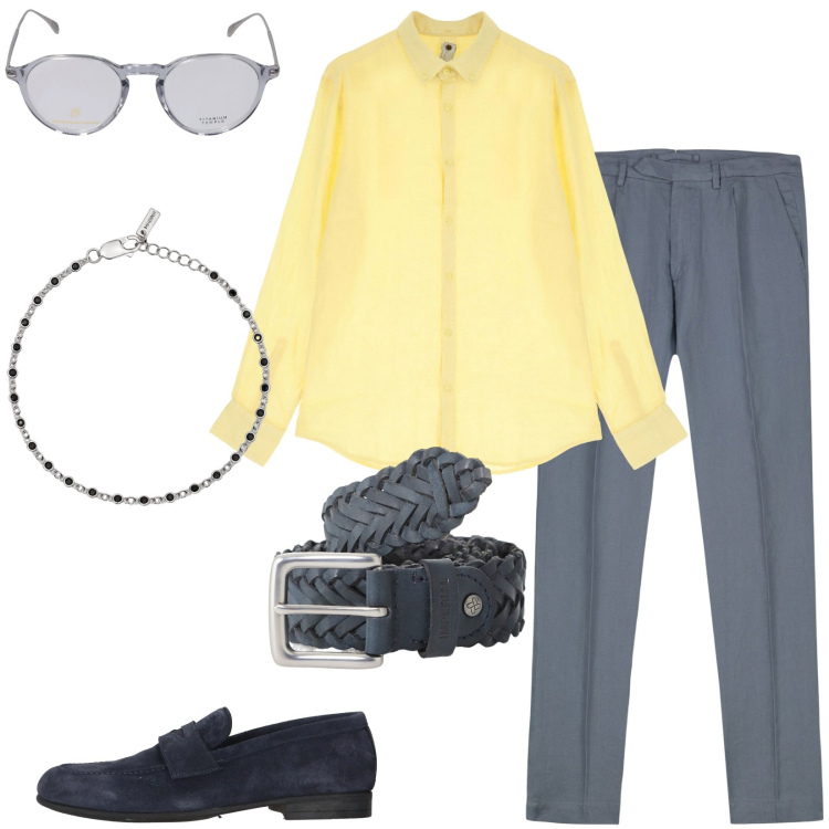 Outfit uomo - Aperitivo in terrazza. Stile Casual per Serata speciale. Abbinamento con scarpe stringate, braccialetti, cinture, camicie, pantaloni, occhiali da sole.