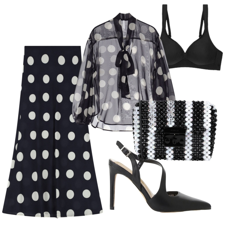 Outfit donna - Pois e righe. Stile Chic per Serata fuori. Abbinamento con borse a tracolla, décolleté, gonne lunghe, bluse, reggiseni.