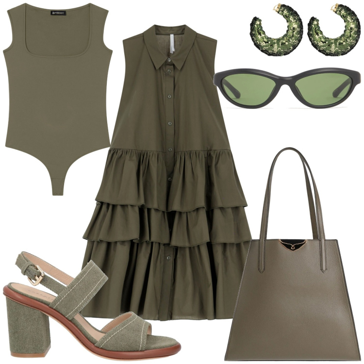 Outfit donna - Vestito verde militare. Stile Glamour per Tutti i giorni. Abbinamento con borse a mano, sandali in pelle, vestiti corti, body, orecchini, occhiali da sole.