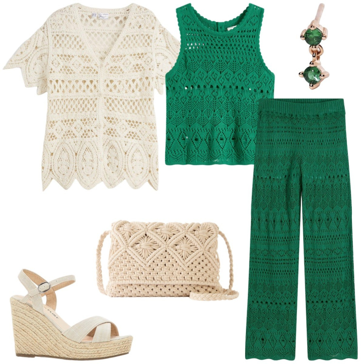 Outfit donna - Tricot. Stile 70s per Tutti i giorni. Abbinamento con pantaloni, sandali, cardigans, borse a tracolla, top, orecchini.