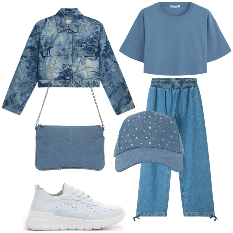 Outfit donna - Fresco cielo. Stile Casual per Tutti i giorni. Abbinamento con jeans, borse a tracolla, cappelli, t-shirt, sneakers, blazer.