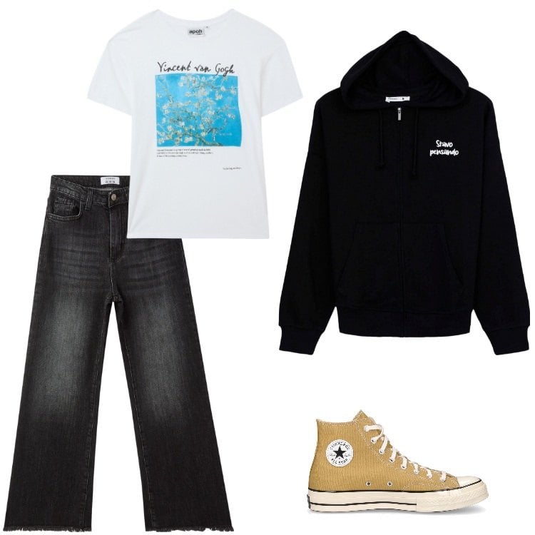 Outfit donna - Total look #2165883. Stile Urban per Tutti i giorni. Abbinamento con felpe con cappuccio, t-shirt, jeans, sneakers.