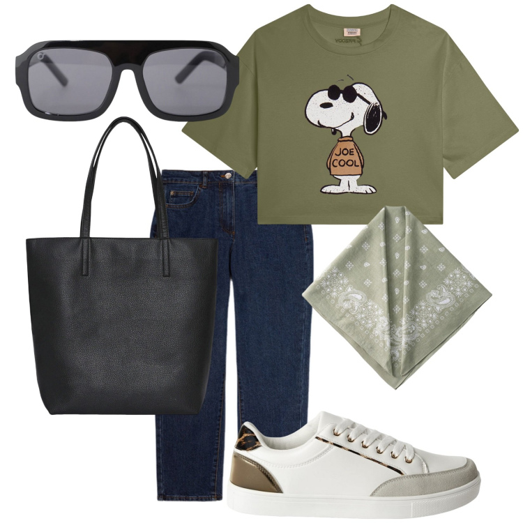 Outfit donna - Cool. Stile Trendy per Tutti i giorni. Abbinamento con borse tote, sneakers, occhiali da sole, t-shirt, jeans, foulard.