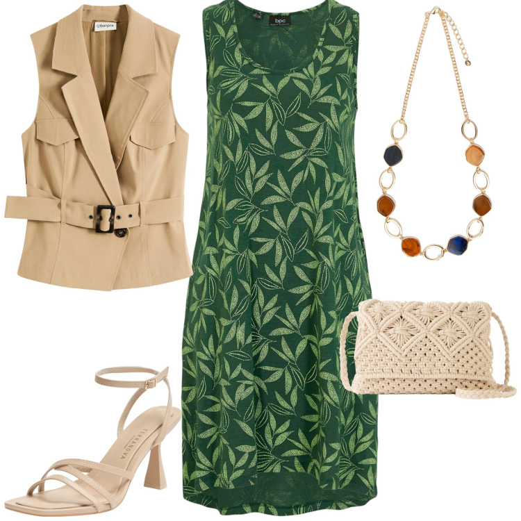 Outfit donna - Natural. Stile Boho per Cerimonia. Abbinamento con vestiti senza maniche, gilet, borse a tracolla, sandali col tacco, collane.