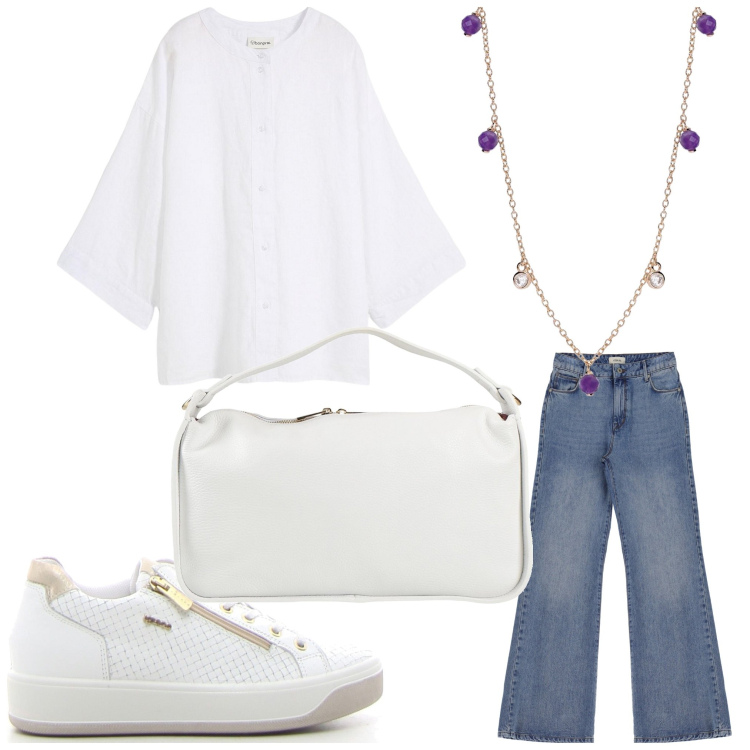 Outfit donna - Dinamica. Stile Sporty chic per Tutti i giorni. Abbinamento con bluse, borse a mano, collane, jeans, sneakers.