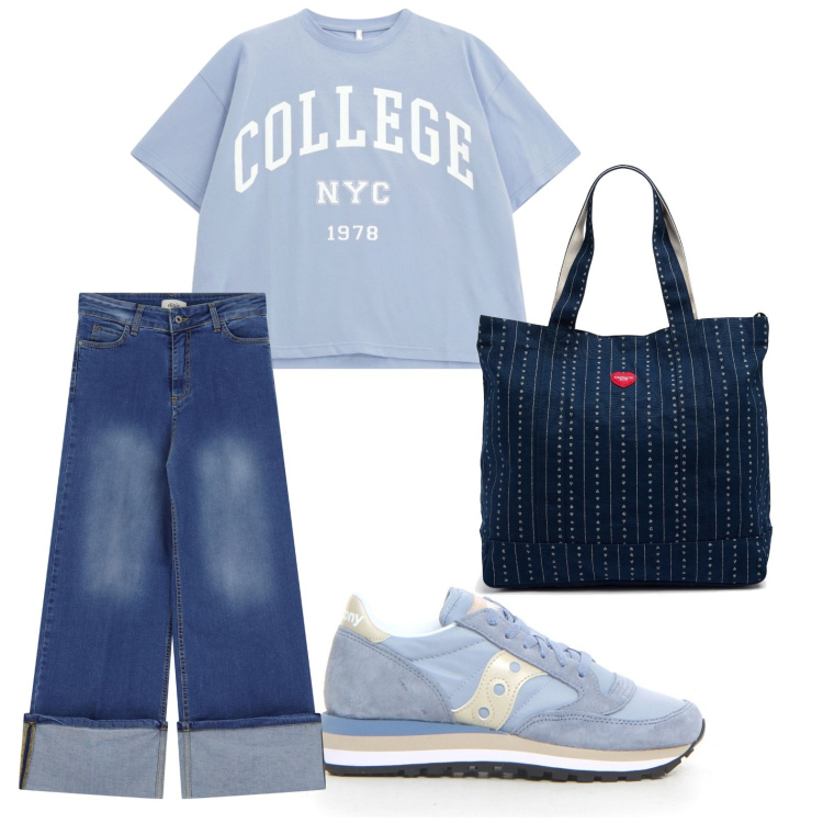Outfit donna - Casual. Stile Casual per Scuola/Università. Abbinamento con t-shirt, jeans dritti, borse tote, sneakers.