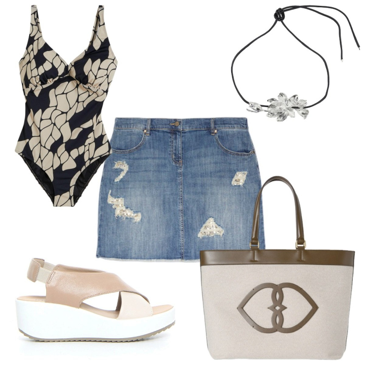 Outfit donna - Total look #2165906. Stile Etnico per Mare. Abbinamento con costumi interi, collane, sandali, shopping bag, minigonne.
