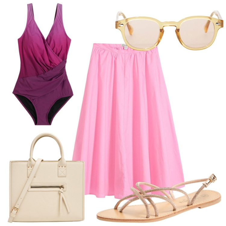 Outfit donna - Total look #2165908. Stile Romantica per Mare. Abbinamento con gonne longuette, costumi interi, sandali, shopping bag, occhiali da sole.