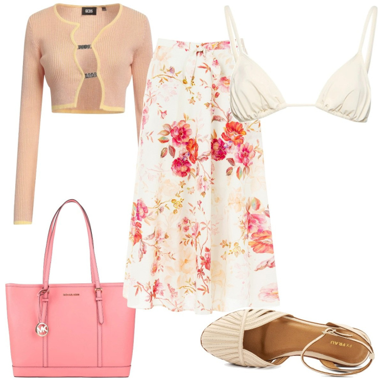 Outfit donna - Total look #2165910. Stile Boho per Mare. Abbinamento con cardigans, borse a spalla, gonne longuette, sandali, bikini.