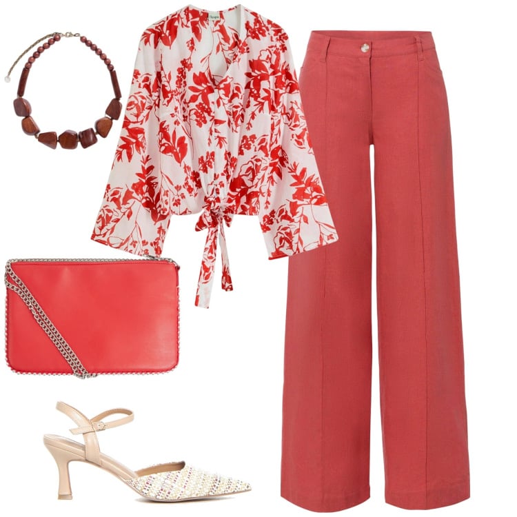 Outfit donna - Maggio. Stile Urban per Tutti i giorni. Abbinamento con pantaloni a palazzo, camicie, borse a tracolla, sandali col tacco, collane.