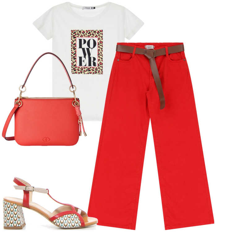 Outfit donna - City. Stile Urban per Tutti i giorni. Abbinamento con pantaloni, t-shirt, sandali col tacco, borse a tracolla.