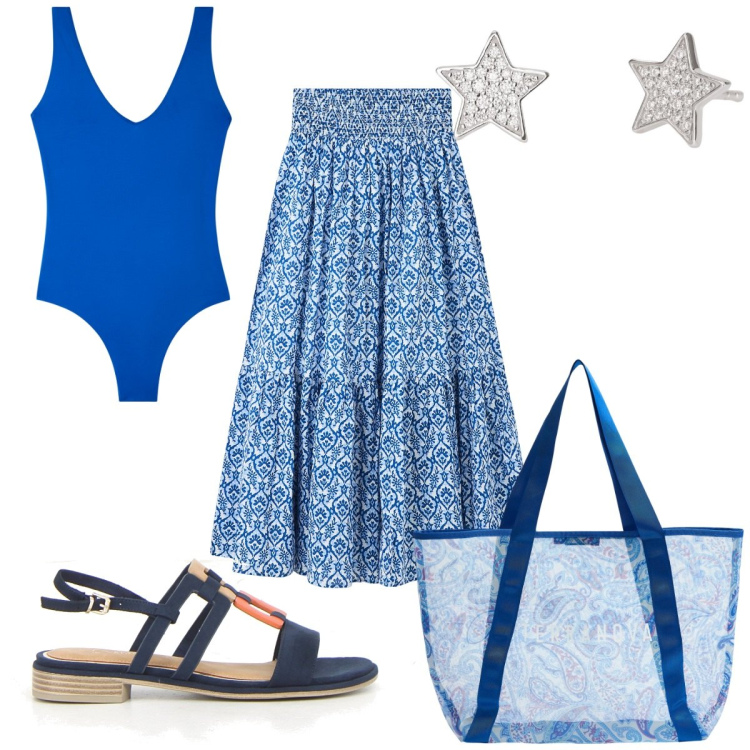 Outfit donna - Total look #2165934. Stile Etnico per Mare. Abbinamento con gonne lunghe, shopping bag, costumi interi, orecchini, sandali.
