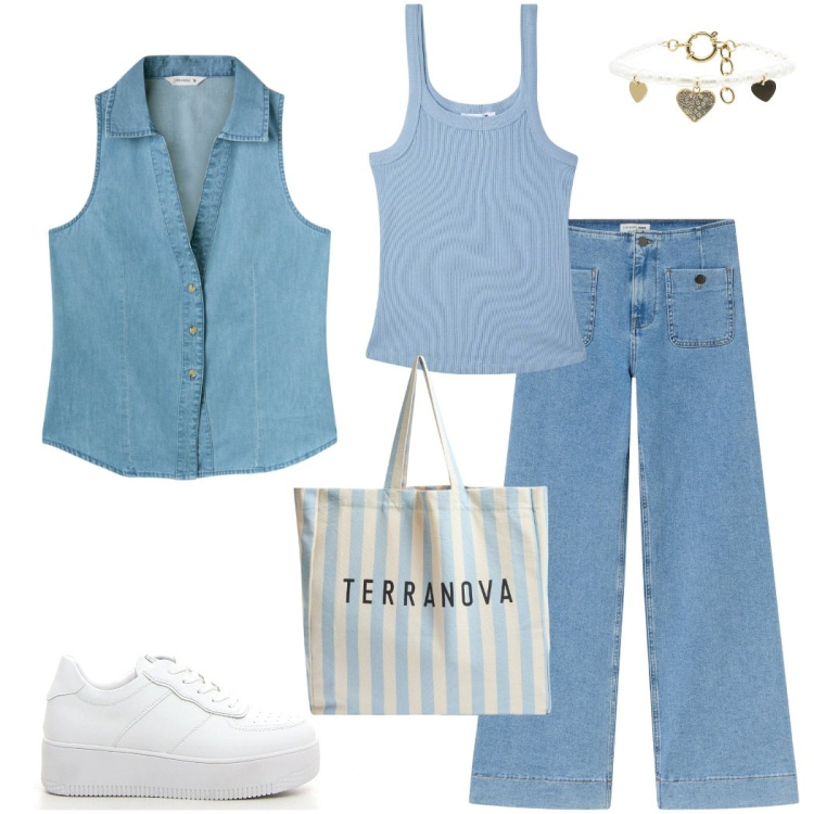 Outfit donna - Colori cielo. Stile Casual per Tutti i giorni. Abbinamento con jeans, camicie, canottiere, borse tote, braccialetti, sneakers.
